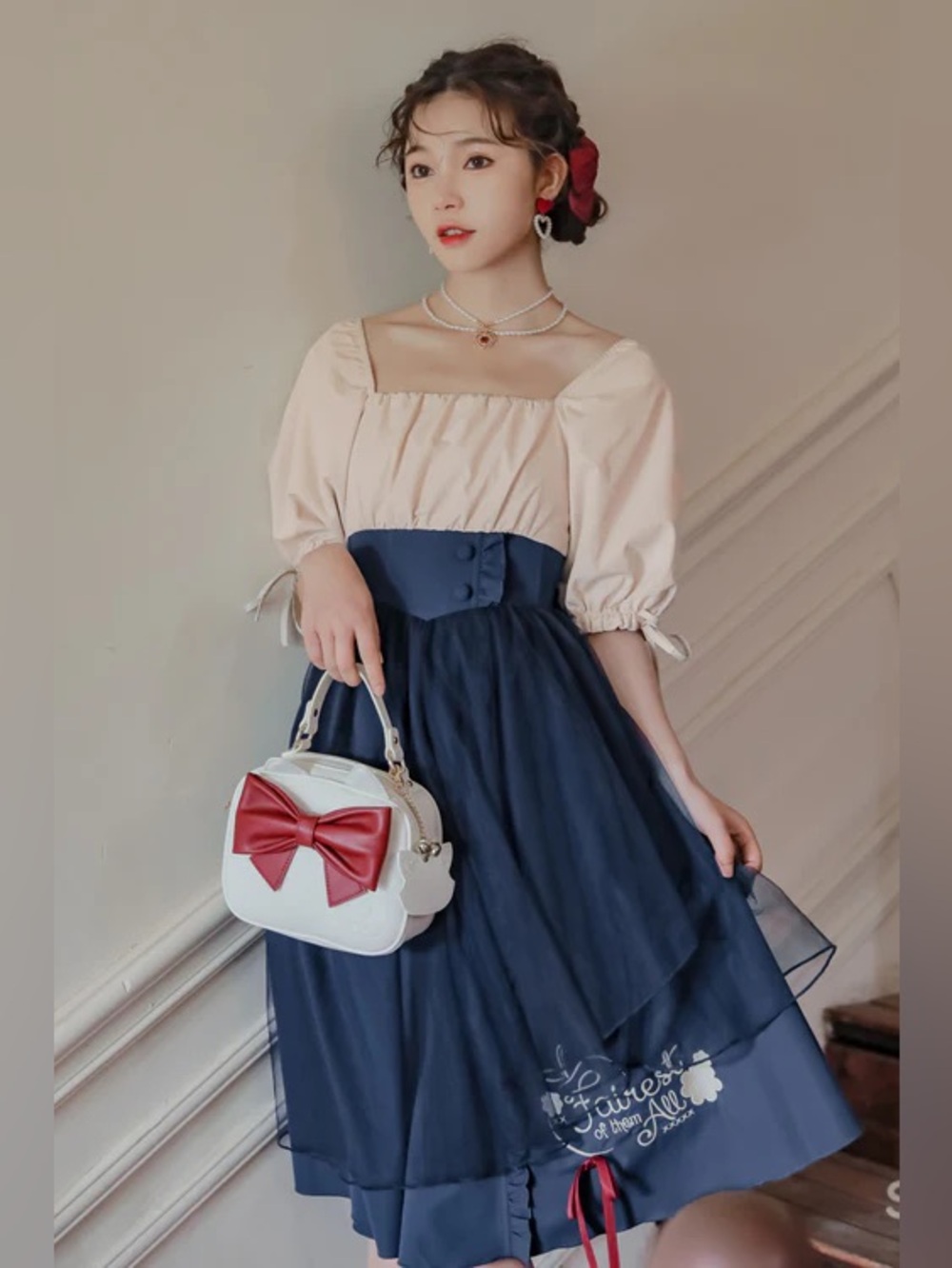 New Women’s Blue Cream Lolita Fairest Coquette Cosplay Milkmaid Retro Dress XS-S